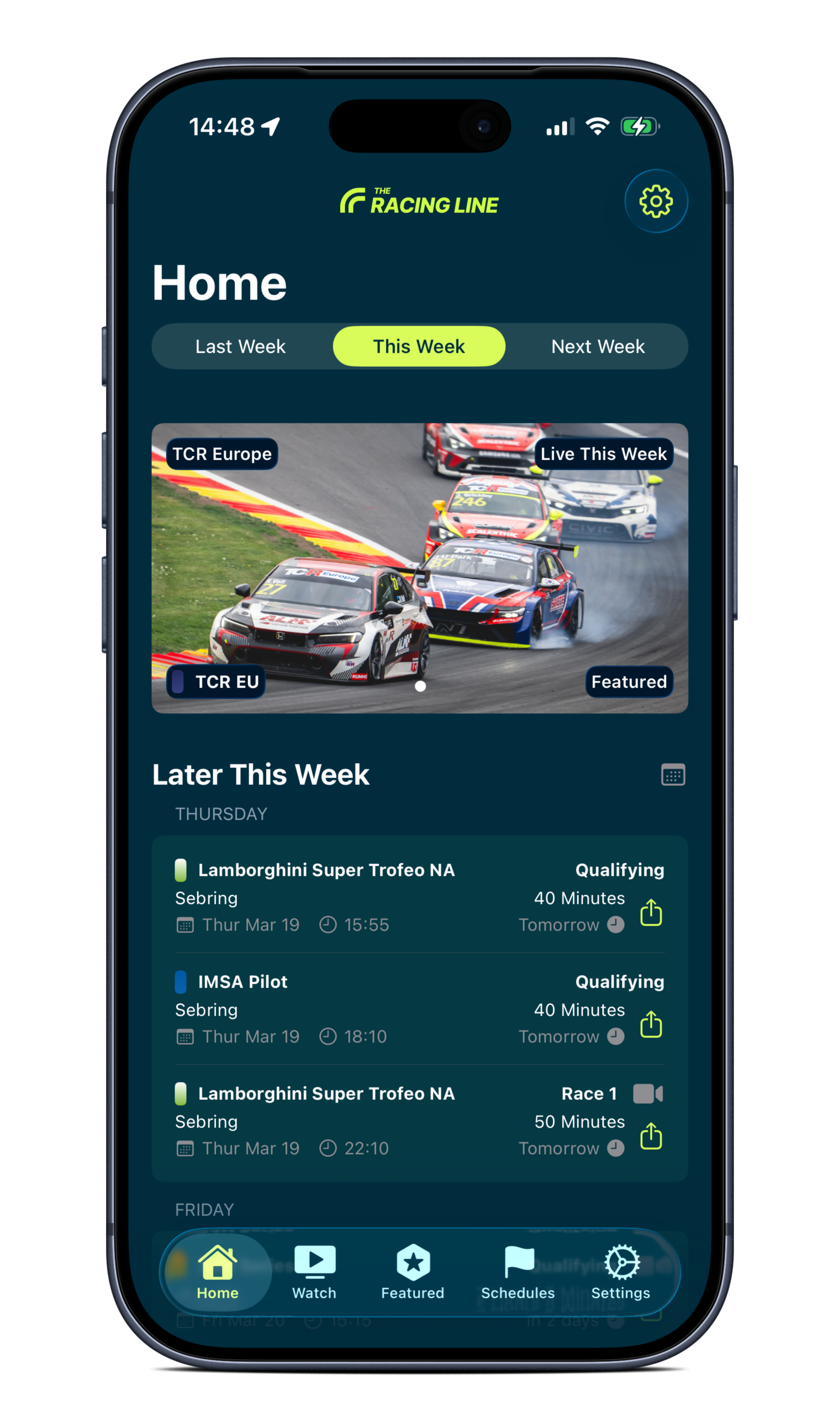 The Racing Line app showing the home screen with upcoming race sessions